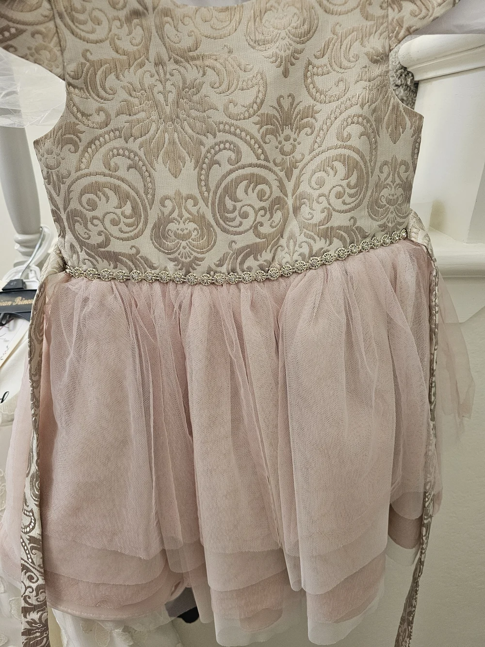 Girls Beige Brocade and Pink Tulle Theater Dress with Decorative Waistband
